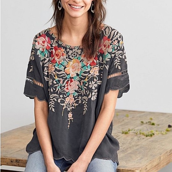 Johnny Was Tops - Johnny Was Jenn black embroidered floral top Jen 37940